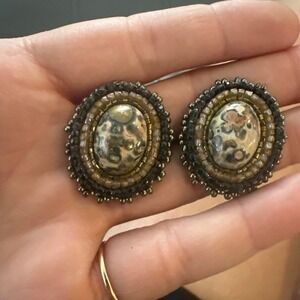 Vintage Lisa Jo Silberkleit Hand-Beaded Glass Bead & Leopard Jasper Oval